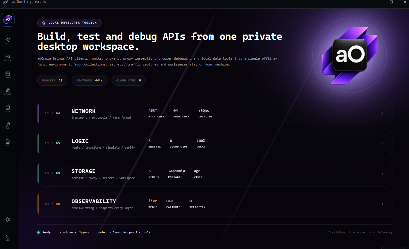 adOmnia interface showing API Workspace, SOAP Studio, Broker Studio, Mock Server, Proxy Interceptor, Browser Debug, Database Studio and plugin areas.