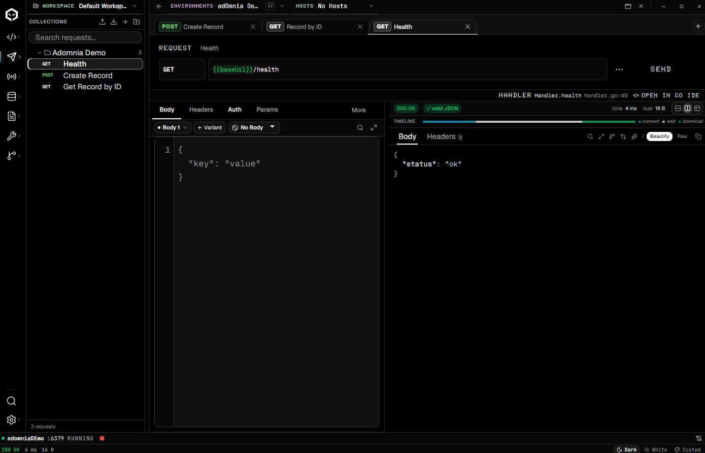 API Workspace with a request linked to its Go handler