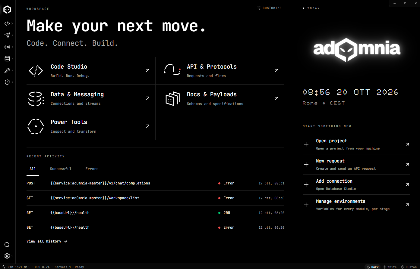 adOmnia Workspace Hub with module shortcuts and recent activity